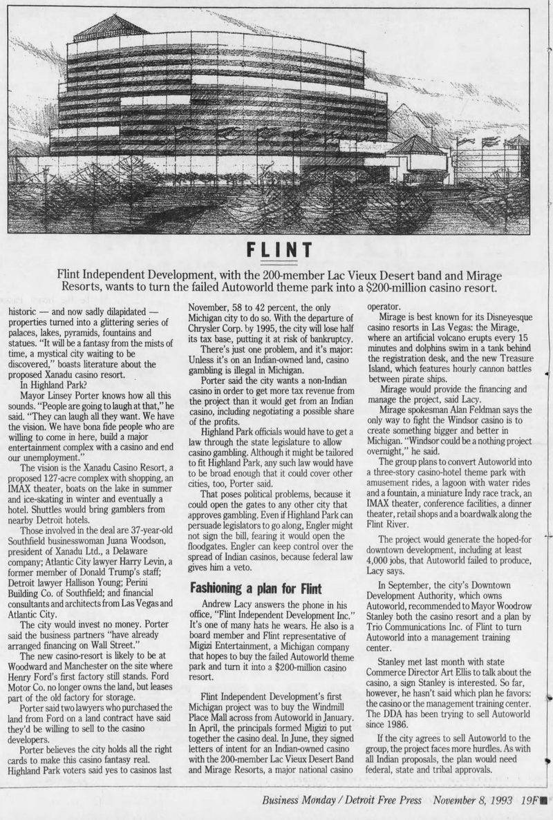 AutoWorld (Six Flags AutoWorld) - 1993 ARTICLE ON POTENTIAL DEVELOPMENT FOR SITE